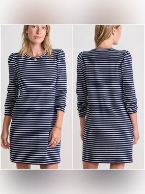 Vineyard Vines Deluxe Puff-Sleeve Mini Dress Navy Blue Stripe Womens Large